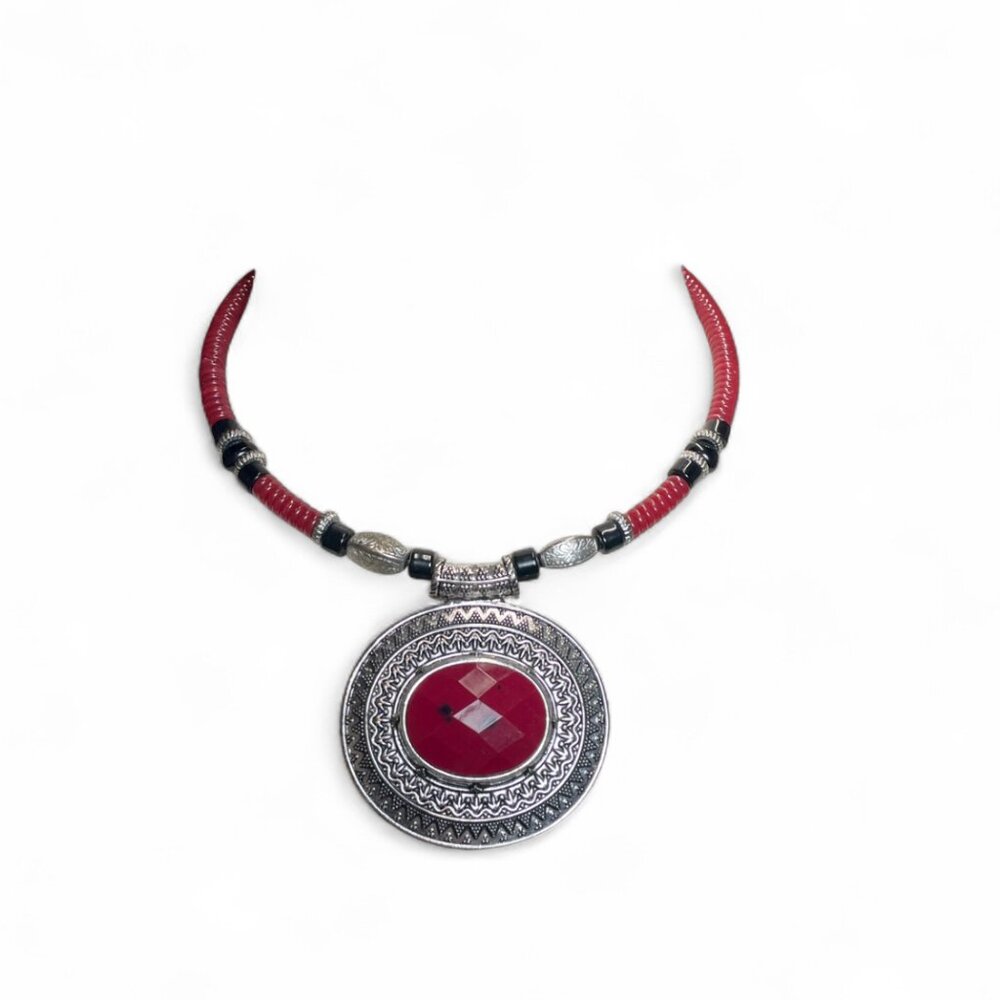 Vintage Premier Designs Red Spice Boho Choker Silvertone Southwest Necklace